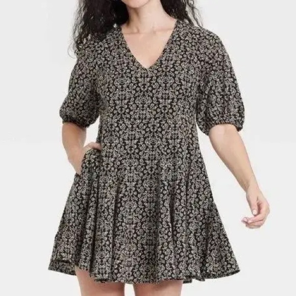 Universal Thread Bell-Sleeve Black Floral A-Line Mini Dress XS